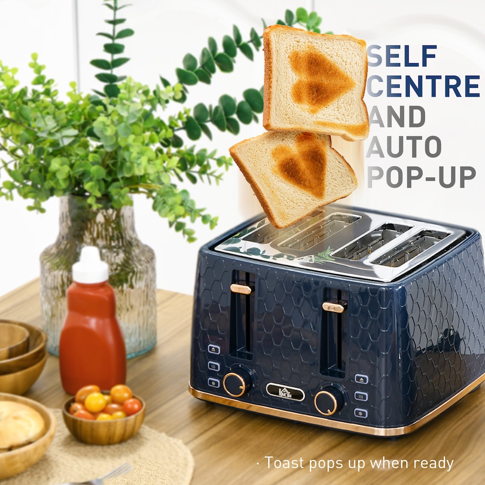 image 1 of HOMCOM Kettle and Toaster Set, 1.7L 3000W Fast Boil Jug Kettle with Auto Shut Off, 4 Slice Toaster with 7 Level Browning Controls & Crumb Tray, UK Otter Thermostat, Blue