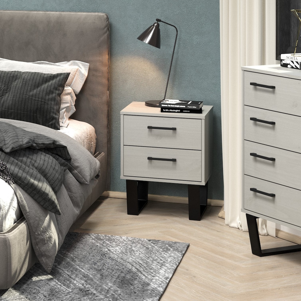 image 1 of Texas 2 Drawer Bedside Cabinet - Industrial Style with Real Wood and Metal Legs | Grey | Grey Waxed Pine | One Size | 1