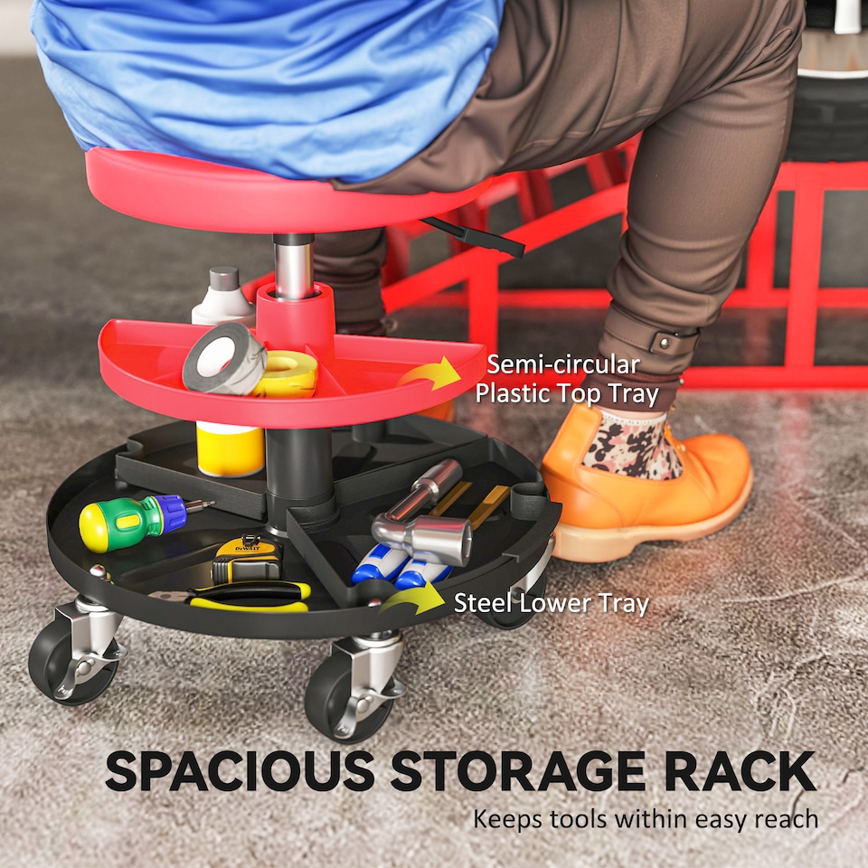 image 1 of HOMCOM Rolling Mechanic Stool, 135kg Capacity Workshop Stool, 360° Swivel Roller Padded Creeper Seat with Wheels, Tool Trays Storage for Garage, Shop, Auto Repair, Red
