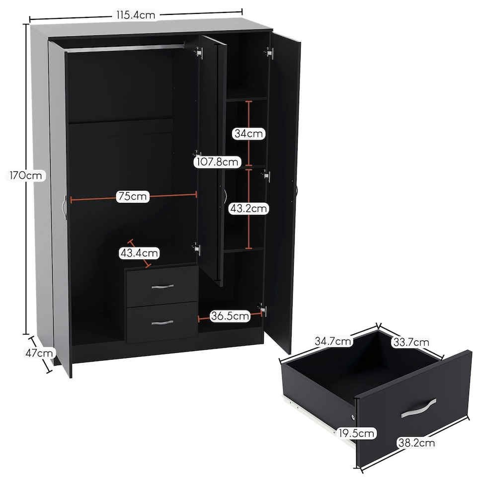 image 1 of Vida Designs Riano 3 Door 2 Drawer Mirrored Wardrobe With Shelf & Clothes Rail, Black