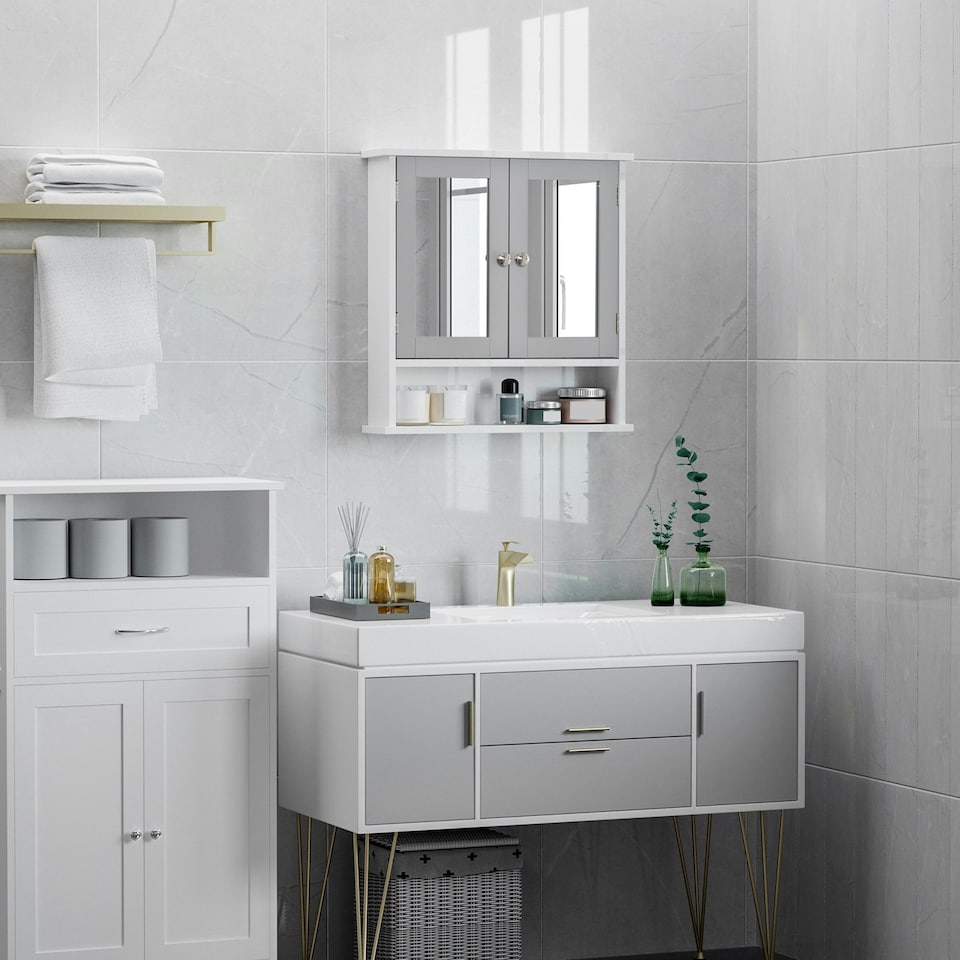 image 1 of kleankin Wall Mounted Mirror Cabinet W/ Double Mirror Doors & Adjustable Shelf