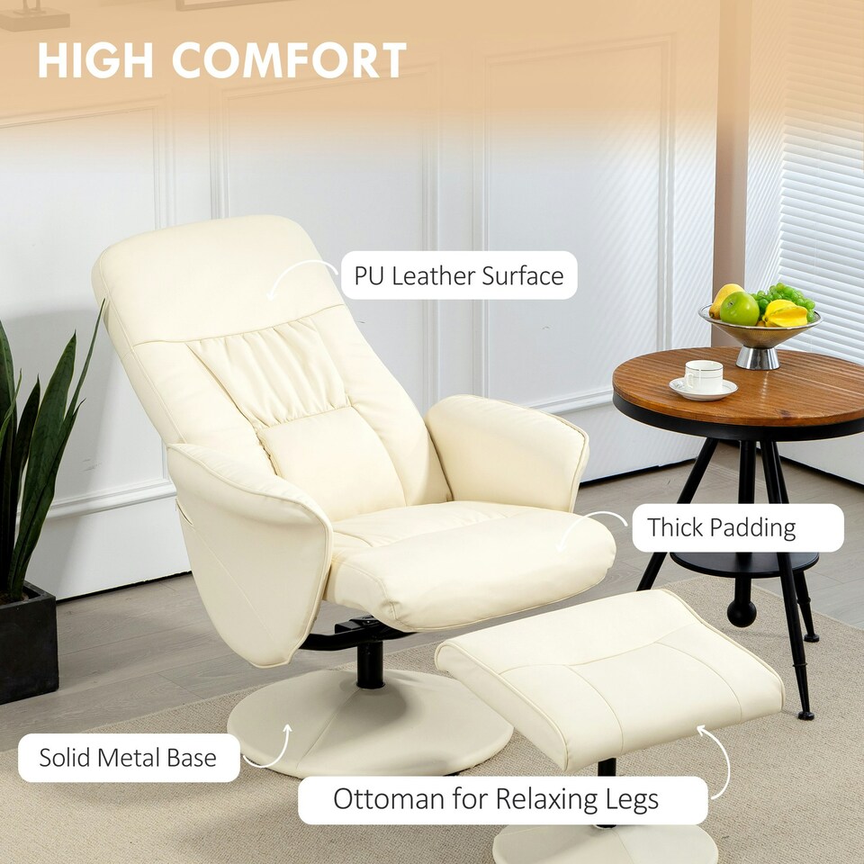 image 1 of HOMCOM PU Leather Armchair and Footrest Swivel Recliner w/ Ottoman Cream White
