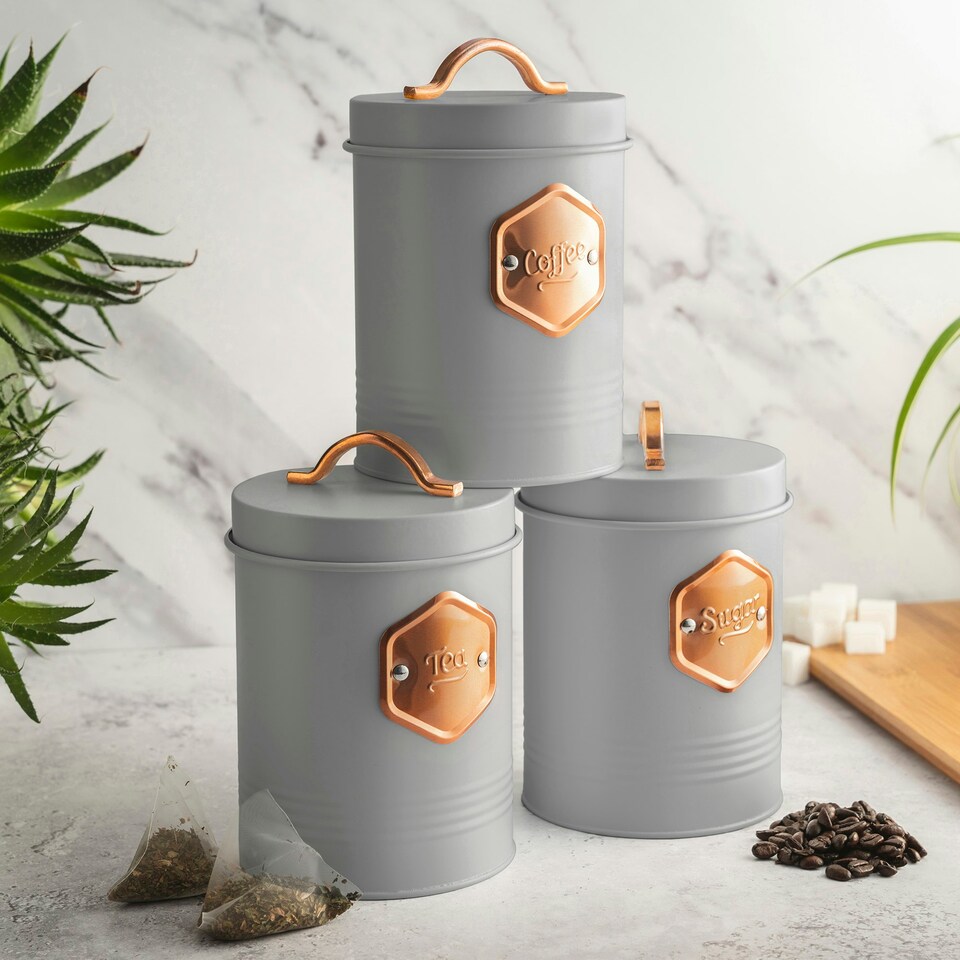 image 1 of Cooks Professional Kitchen Storage Set | 3-Piece | Tea Coffee Sugar | Grey & Copper