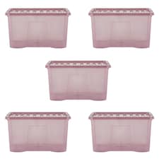 Wham Crystal 5 x 60L Stackable Plastic Storage Boxes with Lids Pink