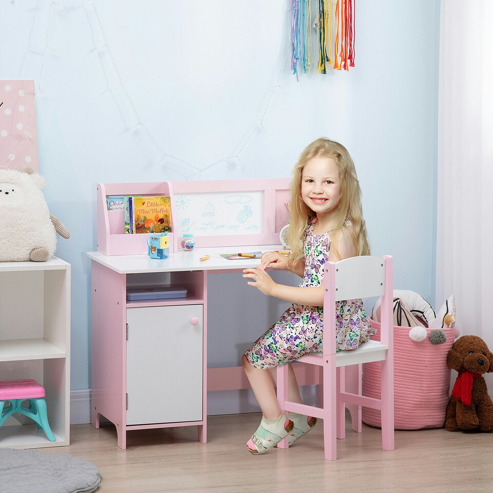 image 1 of HOMCOM 2 PCs Childrens Table and Chair Set w/ Whiteboard Storage - Pink 