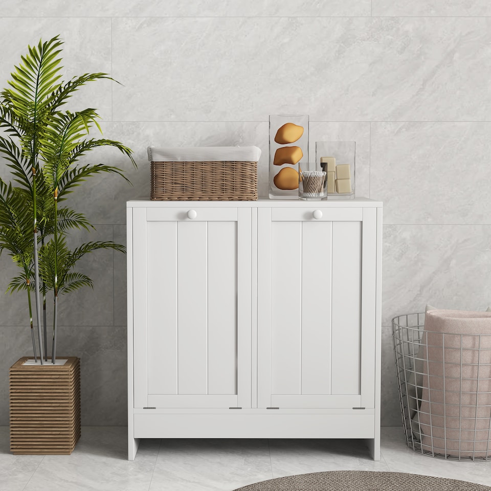 image 1 of kleankin Tilt-out Laundry Storage Cabinet with 2 Compartment Hampers, White