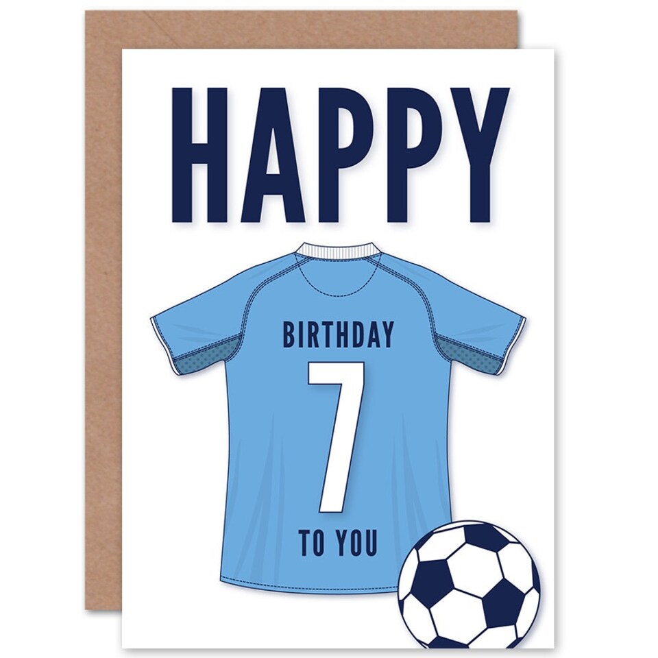 image 1 of Football Strip Kit Sky Jersey Top On Age 7 Year Old Child Kids 7th Birthday Card