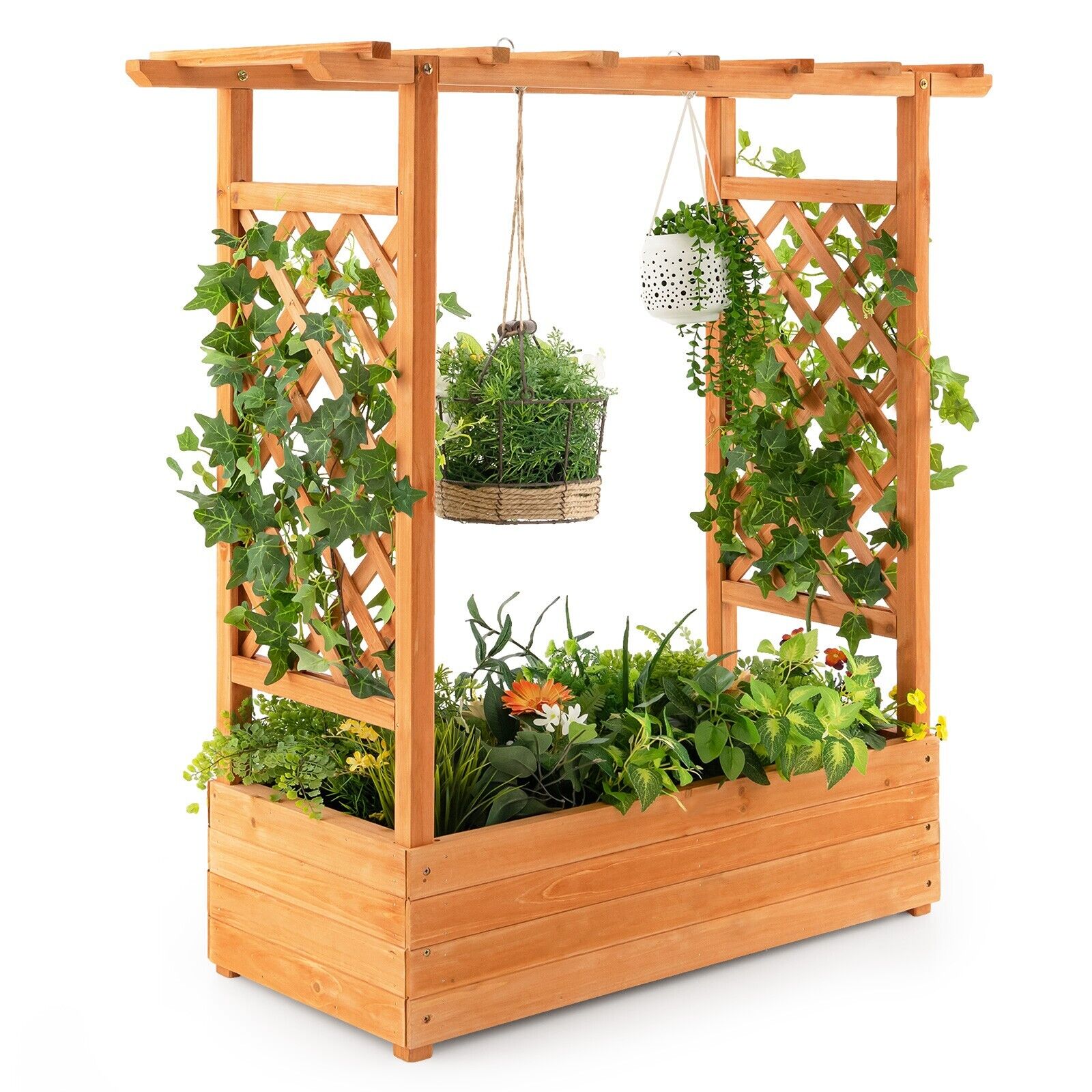 Raised Garden Bed Planter Box w/ Side & Top Trellis for Vine Climbing Plants