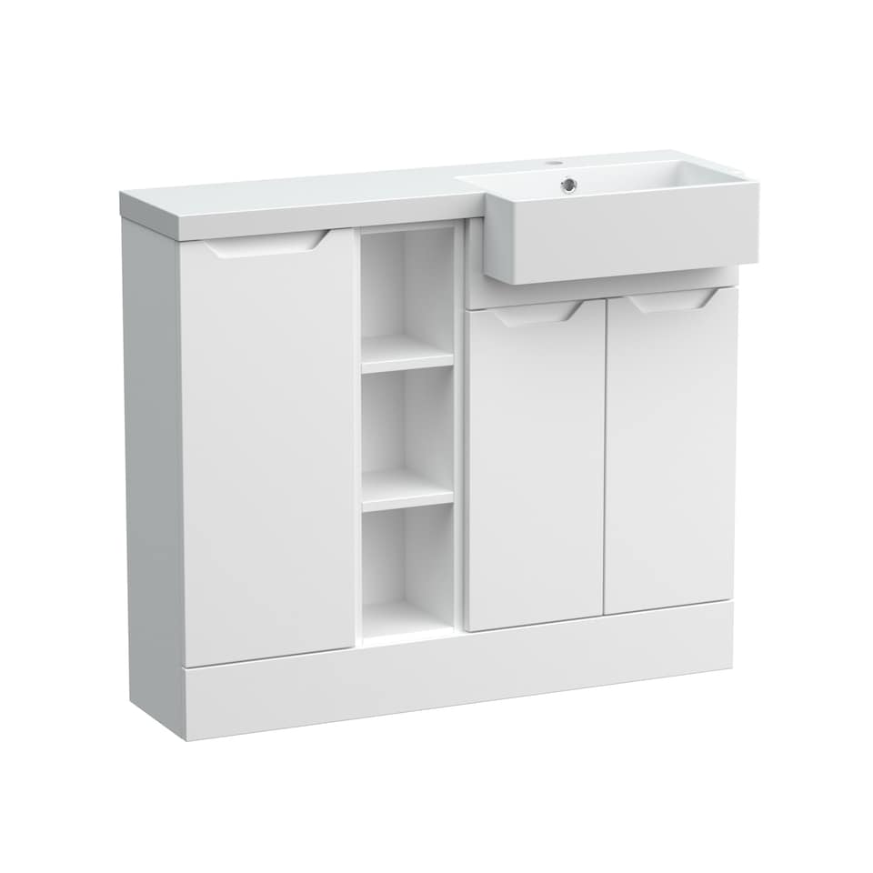 image 1 of Balterley Teddesley Floor Standing Compact 3 Door Combination Vanity Basin Unit with Open Shelves and Basin, 1000mm, Right Hand, Matt White
