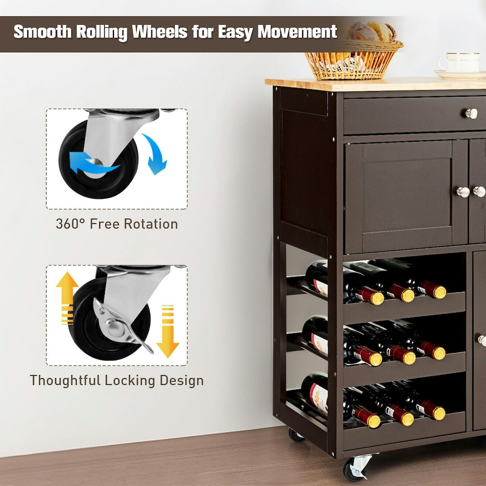 image 1 of COSTWAY Rolling Kitchen Storage Trolley Cupboard Island Brown