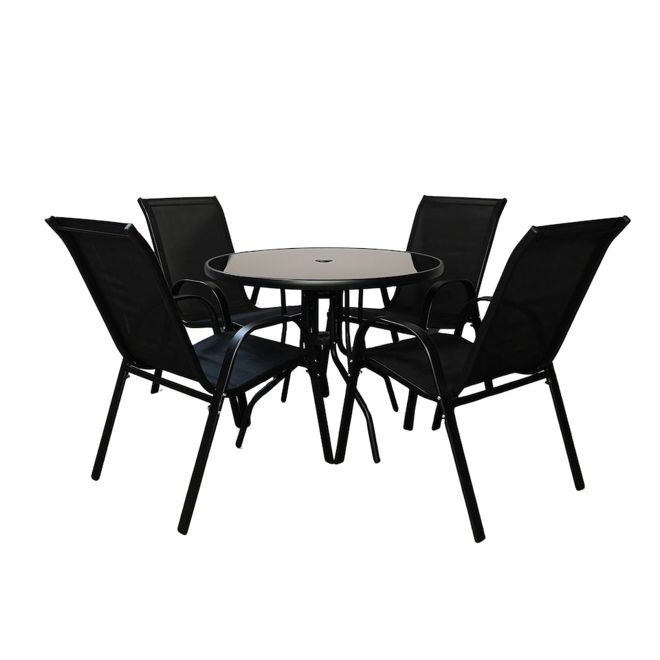 image 1 of Outdoor 4 Person Round Glass Top Garden Patio Dining Table Chairs Set