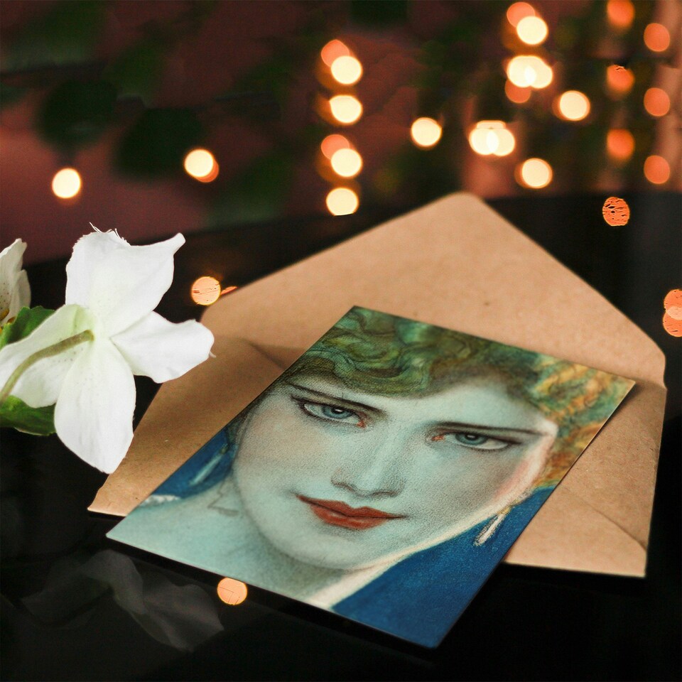 image 1 of W T Benda Art Card Face of Blonde Girl with Earrings Painting