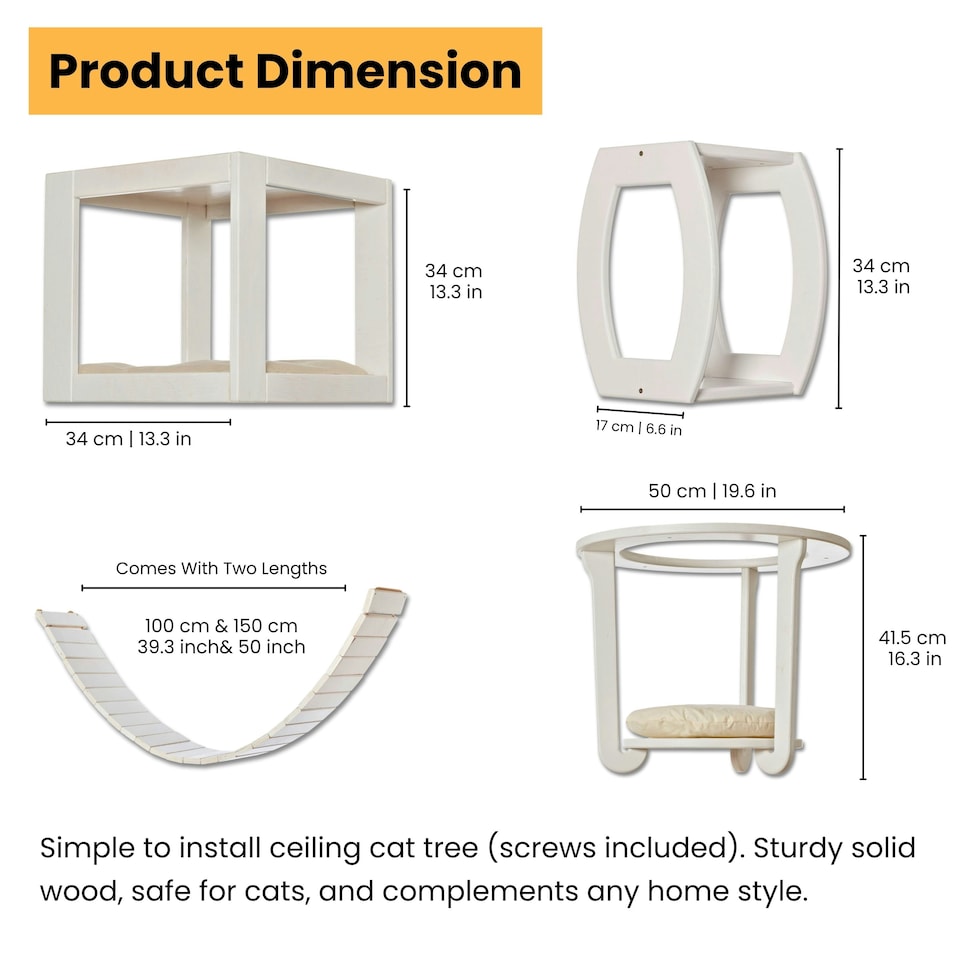 image 1 of NOVECRAFTO Modular Ceiling Cat Furniture – Wooden Hanging Cat Tower with Shelves, Bridge & Sleeper – Space-Saving Climbing System for Indoor Cats White