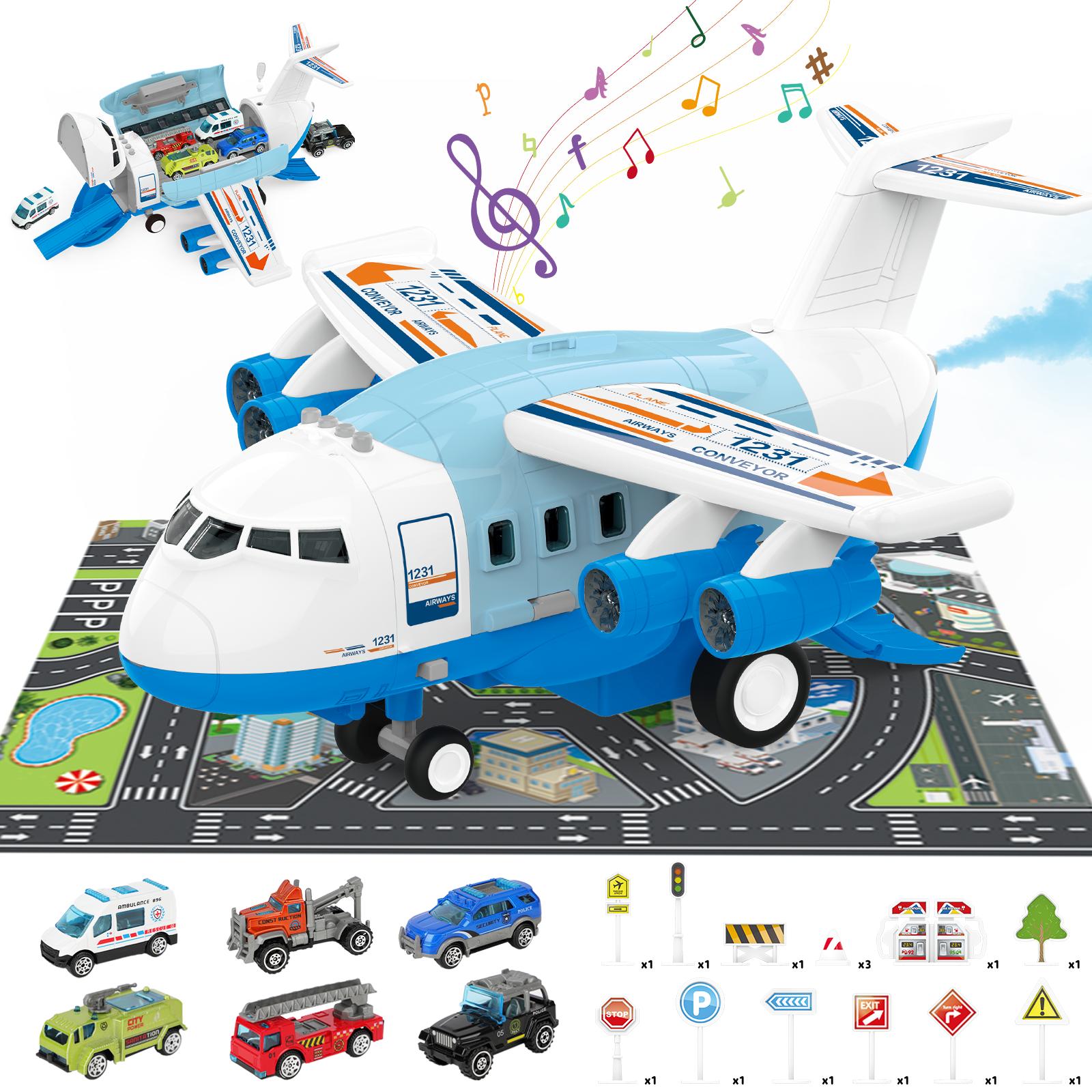 Cargo Airplane & Car Track Play Set - Interactive Toy with Music, Lights, Spray Effects, Maps, Road Signs & Car Accessories - Educational Vehicle Playset for Kids Ages 3-6, Perfect Birthday Gift