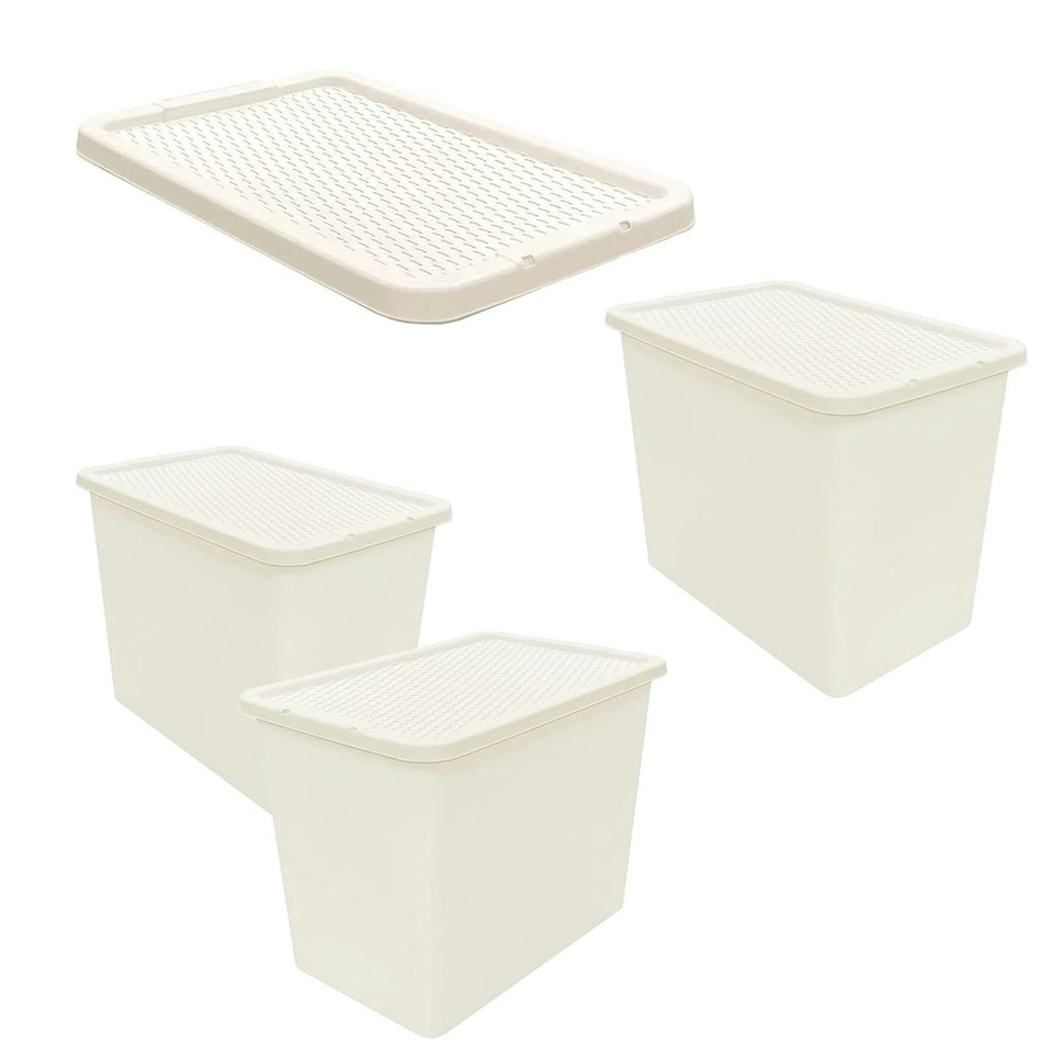 image 1 of 1 x 80L Cream Rattan Design Large Strong Spacious Home Office Container With Lid Cream