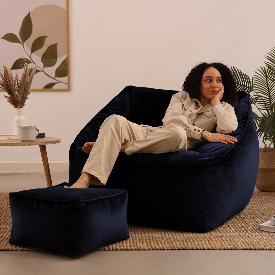 image 1 of Natalia Velvet Adults Bean Bag Armchair and Pouffe, Ready Filled Large Beanbag Midnight Blue | Blue | Midnight Blue | XL | 2