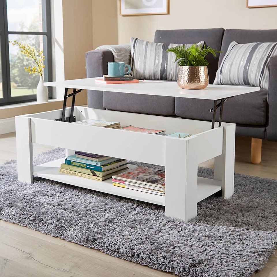 image 1 of Wooden Coffee Table With Lift Up Top Storage Area and Magazine Shelf | White
