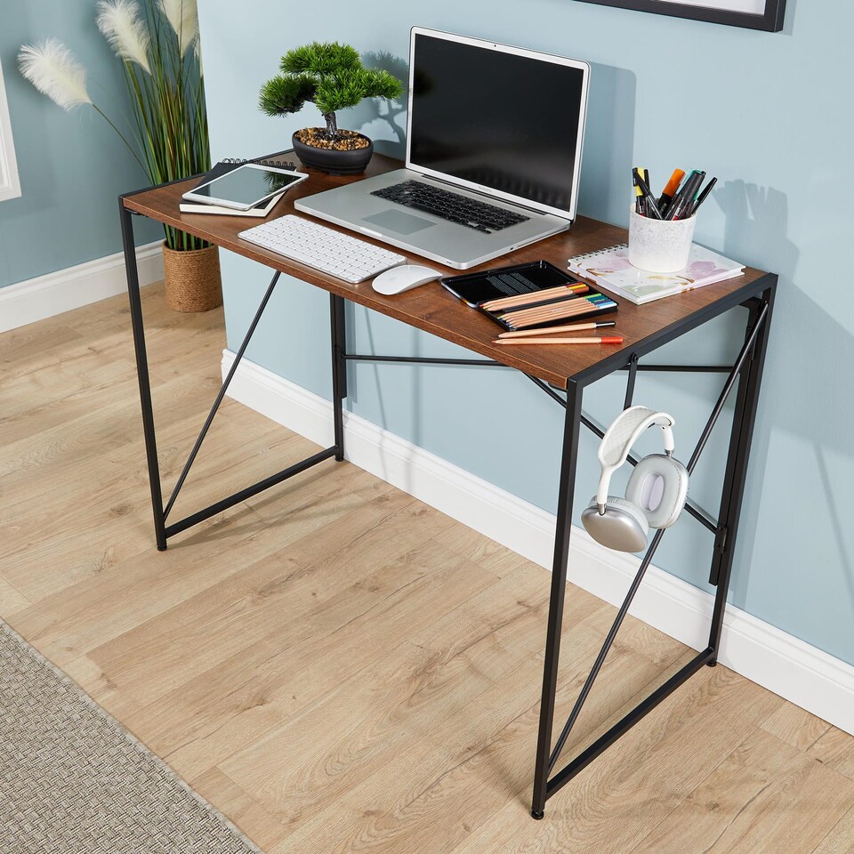 image 1 of Folding Compact Desk Storage Hook Wood Metal Office Computer Table Workstation | Brown