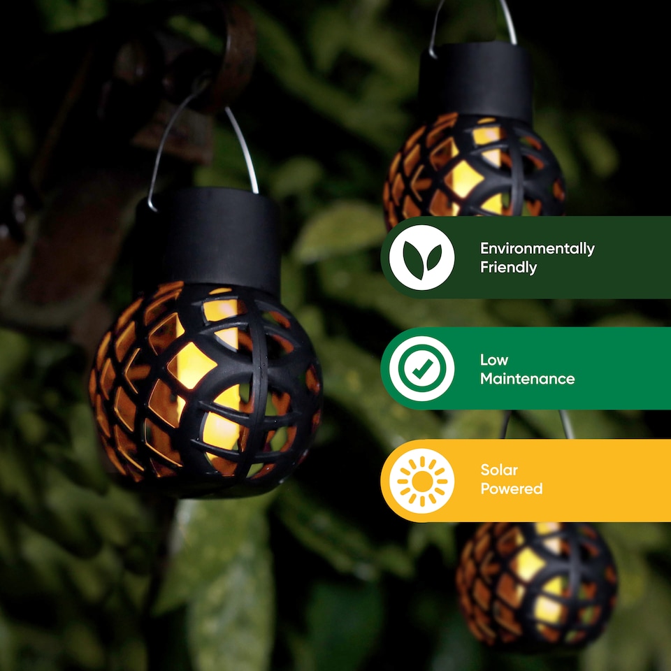 image 1 of Gardenwize Pack of 6 Solar Hanging Flame Lantern Lights Outdoor | Black