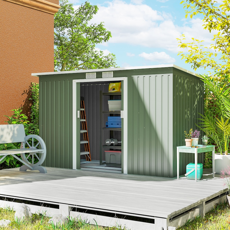 image 1 of Outsunny 9ft x 4ft Metal Garden Shed, Outdoor Tool House with Foundation Kit, Ventilations and Double Doors, Light Green