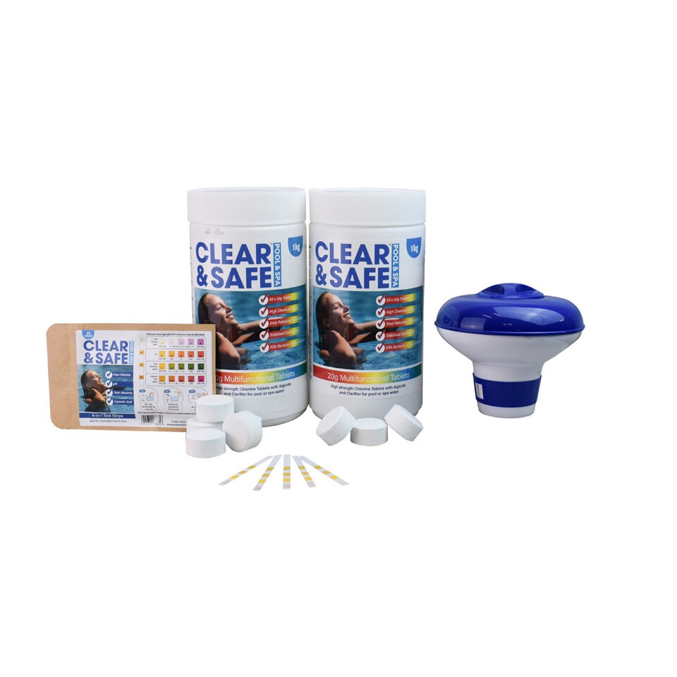 Clear & Safe 2kg of 20g Multi-Functional Chlorine Tablets + Floating Pool Dispenser + Testing strips