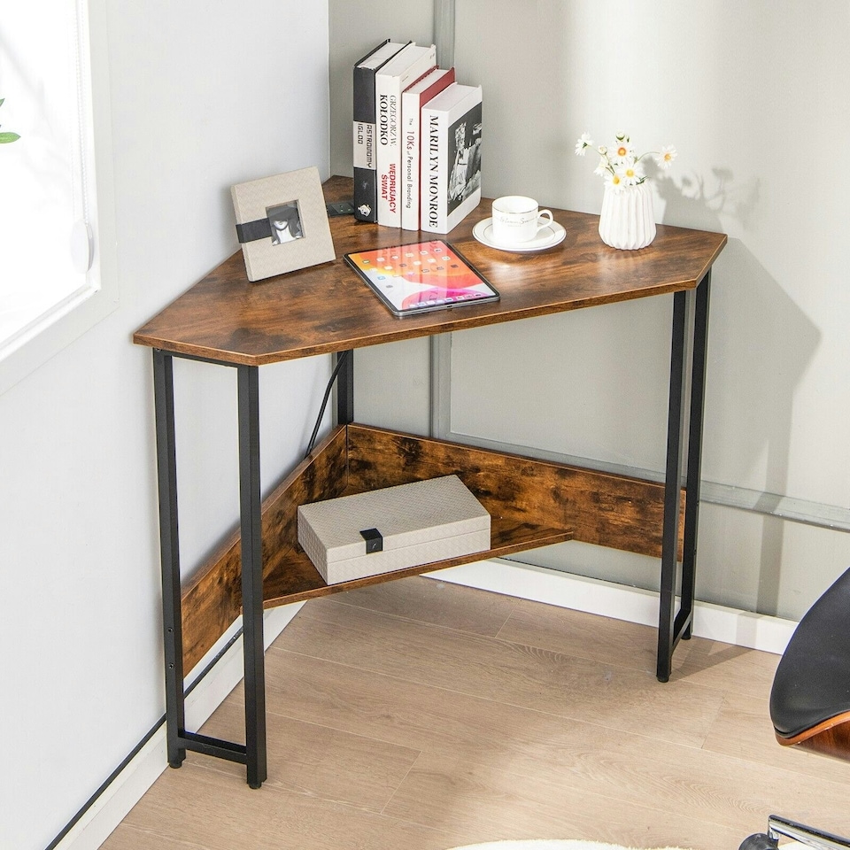 image 1 of COSTWAY Corner Desk Triangle Computer Table w/Power Outlet Brown Brown
