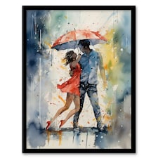 Dancing Rain Watercolour Romance Red Rhythm Black Framed Wall Art Print A4