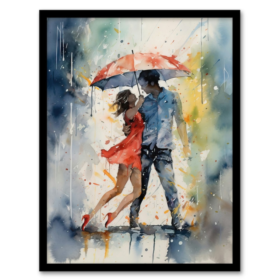 image 1 of Dancing Rain Watercolour Romance Red Rhythm Black Framed Wall Art Print A4