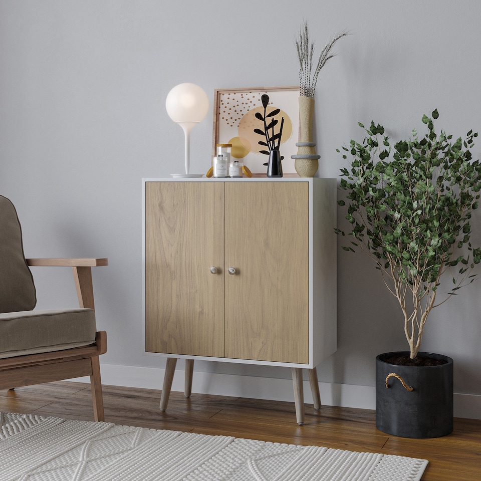 image 1 of White 2-Tier 2-Door Wooden Cabinet With Legs | White | Brown | 0 x 0 x 0 | 1