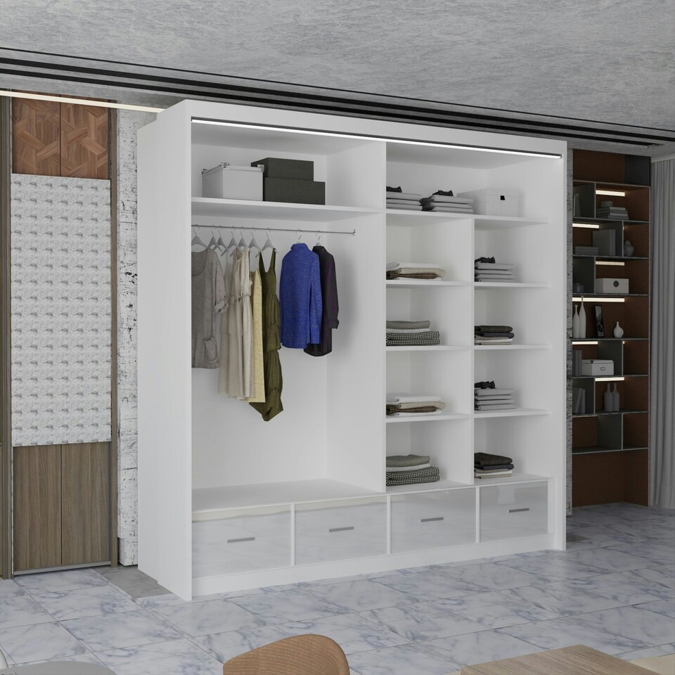 image 1 of Sleek High Gloss Sliding Wardrobe 203cm with Drawers | White/Black/Grey 2-Door Bedroom Storage White | White203cm