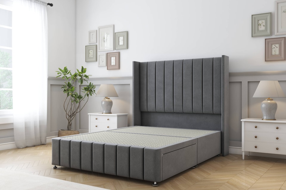 image 1 of Sloomy Melbourne Armour Coniston Divan Bed Base 2 Drawers Foot-End With 54 Inch Wingback Headboard & 12 Inch Matching Footboard | Grey | Armour | King | 1