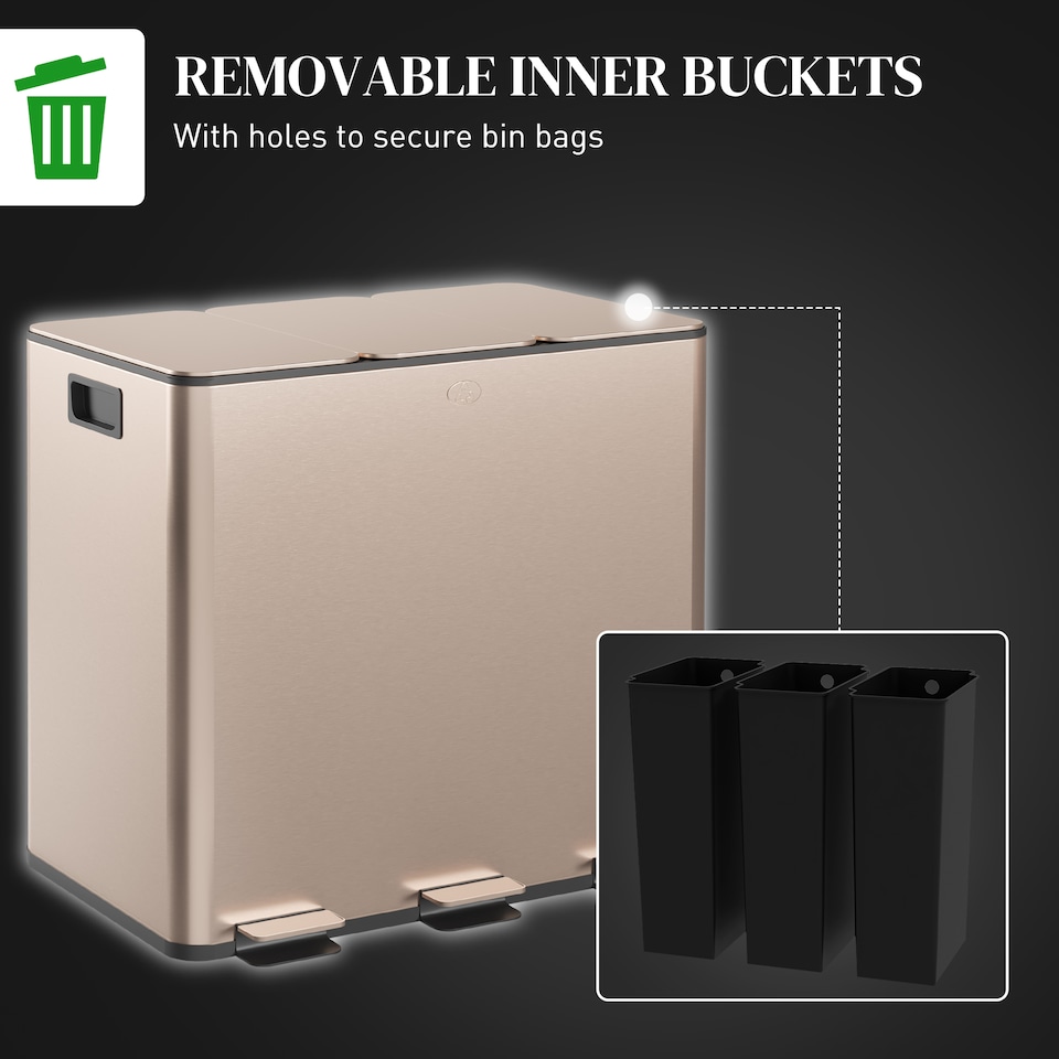 image 1 of HOMCOM Triple Kitchen Bin, 3 x 15L Pedal Bin, Stainless Steel Three Rubbish Bin with Soft Close Lid, Removable Inner Buckets, Fingerprint-Proof for Recycling and Waste, Gold Tone | Gold | 1