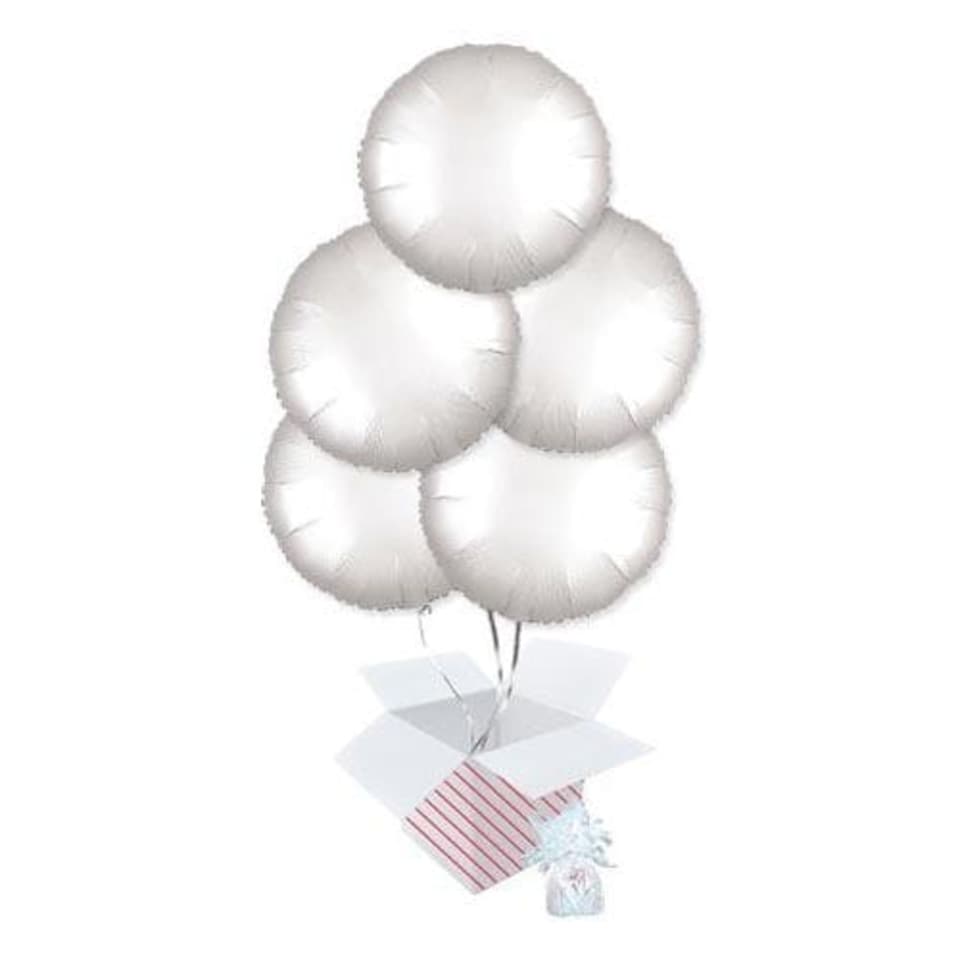 Shimmering White Satin Luxe Round Shape Foil Helium Balloon Bouquet - 5 Inflated Balloons In A Box White