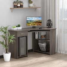 HOMCOM L-Shaped Corner Computer Desk with 2 Shelves Worktop Grey