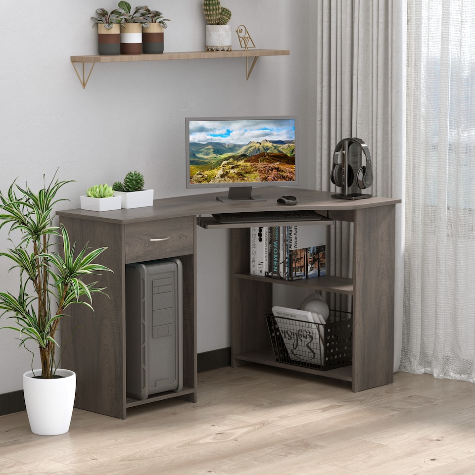 image 1 of HOMCOM L-Shaped Corner Computer Desk with 2 Shelves Worktop Grey