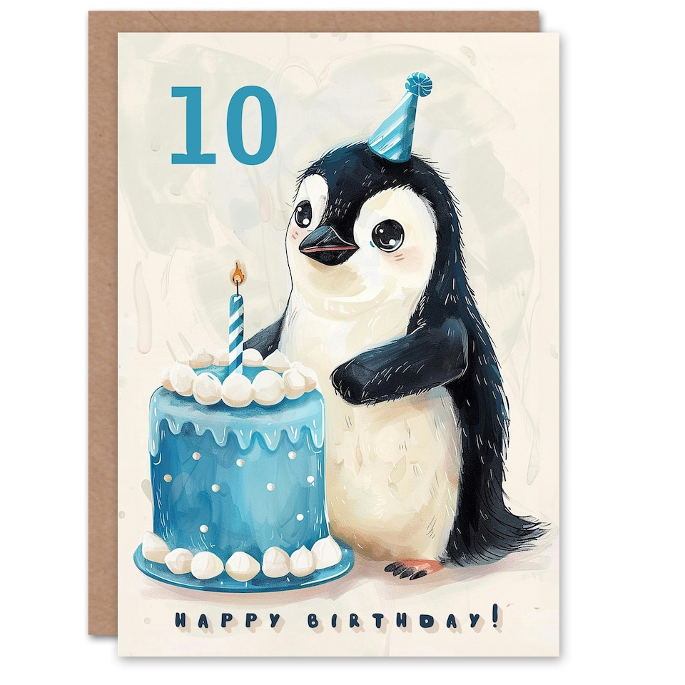 image 1 of 10th Cute Baby Penguin Cake Cartoon Kids Age 10 Year Old Child Birthday Card