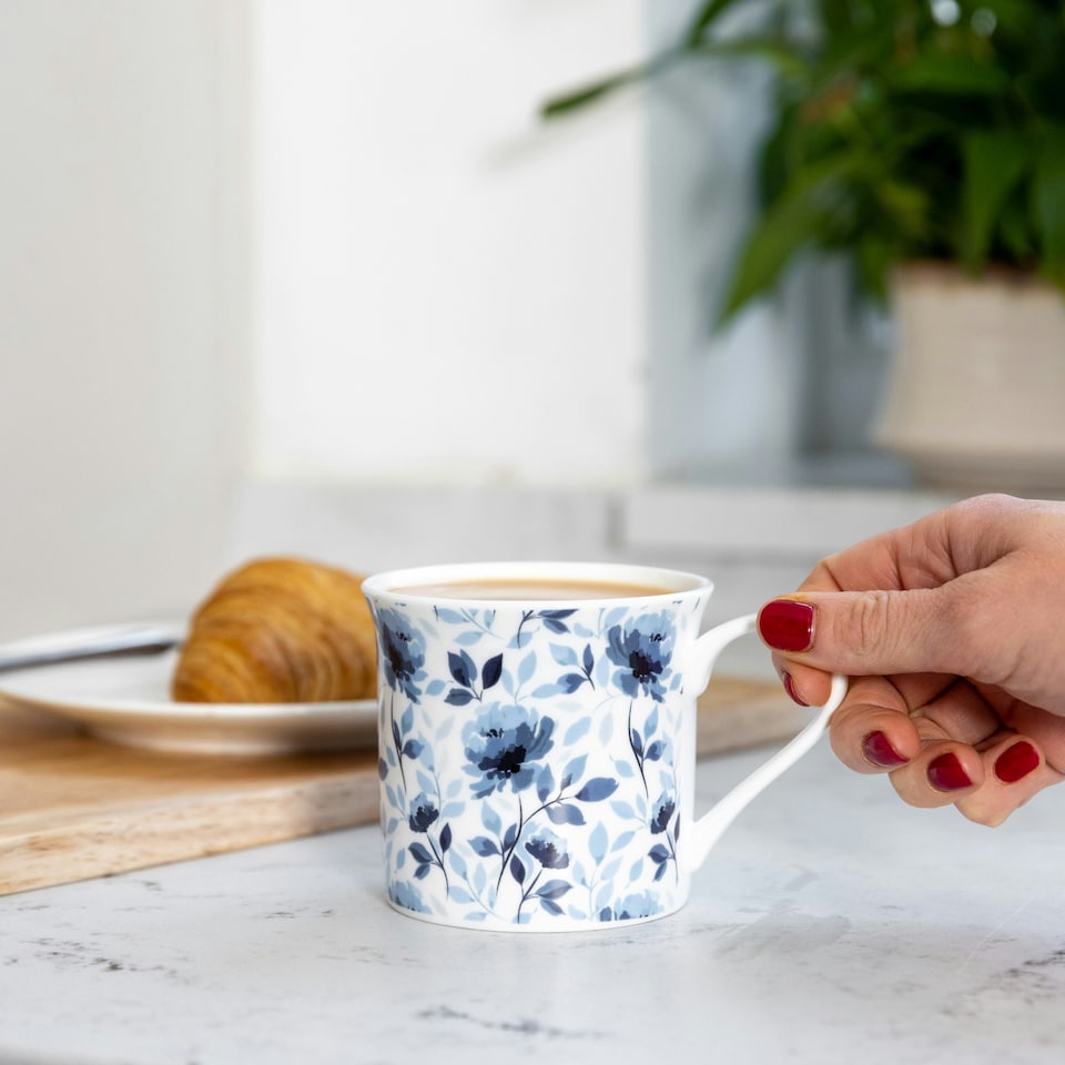 image 1 of KitchenCraft Fluted China Blue Rose Mugs | Blue