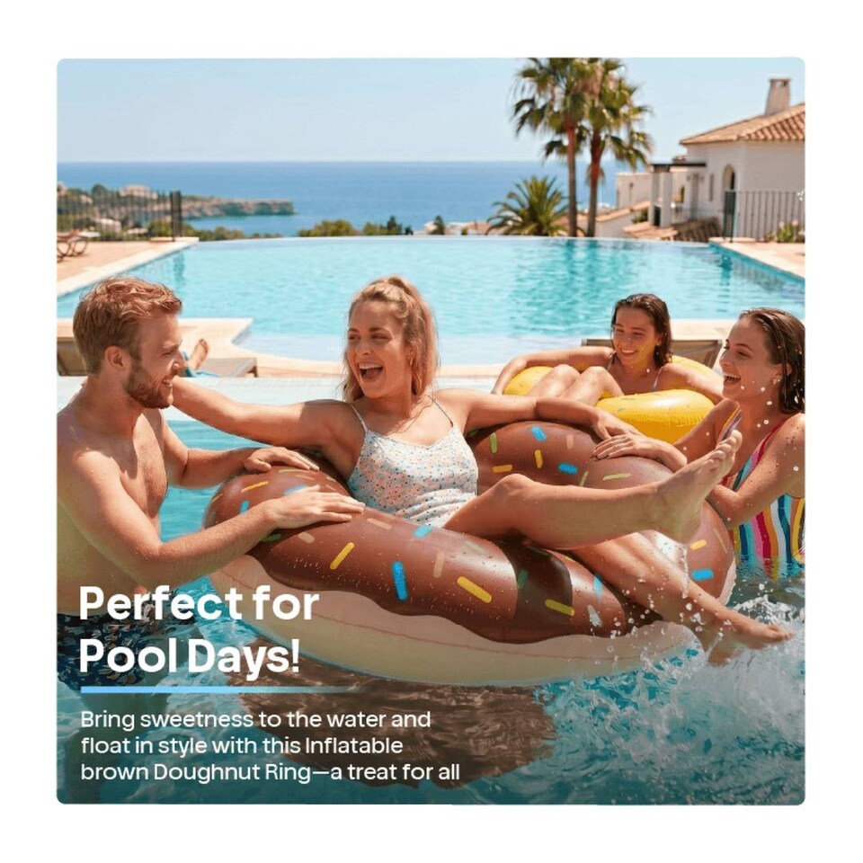 image 1 of Inflatable Brown Doughnut - 42 inches/107cm Donut with Brown Icing Design - Adults Kids Boys Girls Fun Summer Activity Pool Party Beach Day Swimming Toy Float