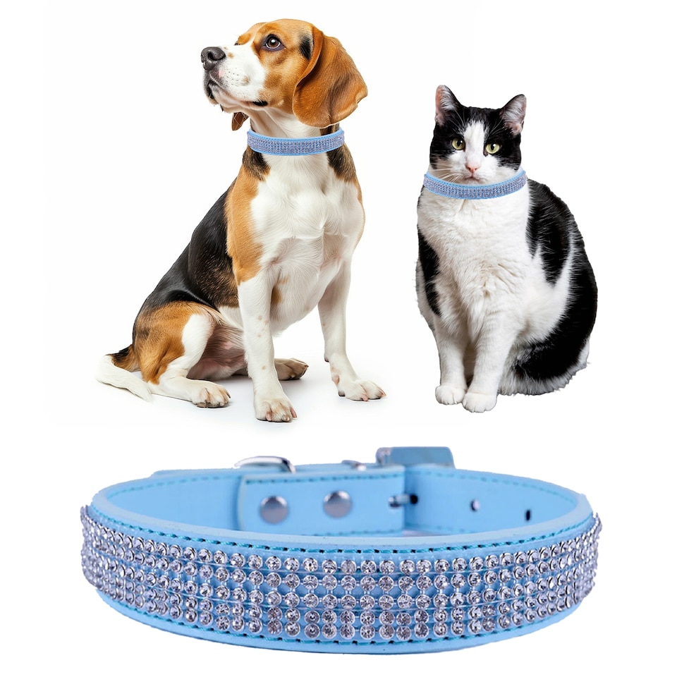 image 1 of Trimming Shop Diamante Dog Collar, PU Leather Pet Collar, Dog Belt