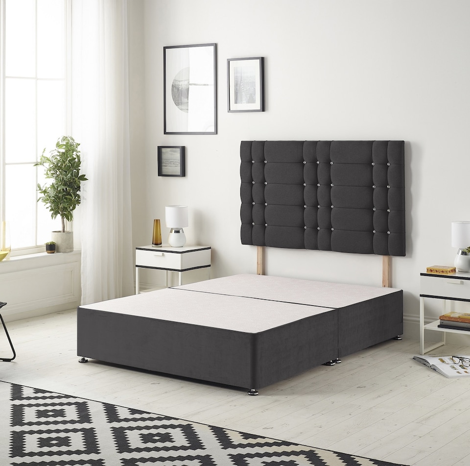 image 1 of Astoria Divan Bed Base with 30 Inch Diamonte Button Headboard Plush Velvet | Black | Black | Single