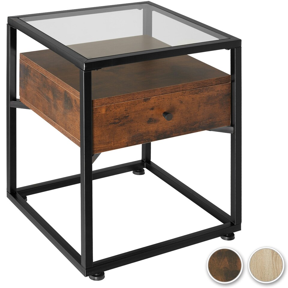 image 1 of Nightstand with glass surface and drawer Brown | Dark Wood