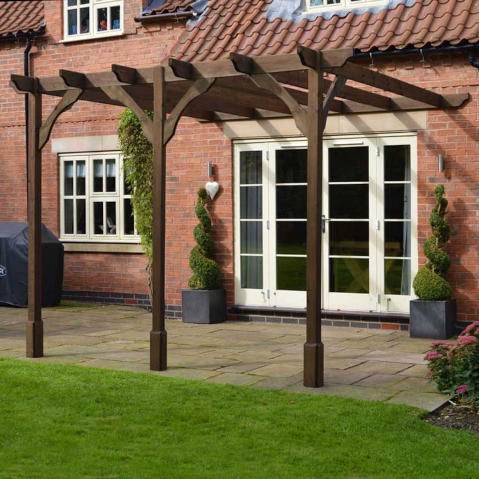 image 1 of Wall Mounted Premium Pergola 3 Posts - Wood - L420 x W720 x H270 cm - Rustic Brown