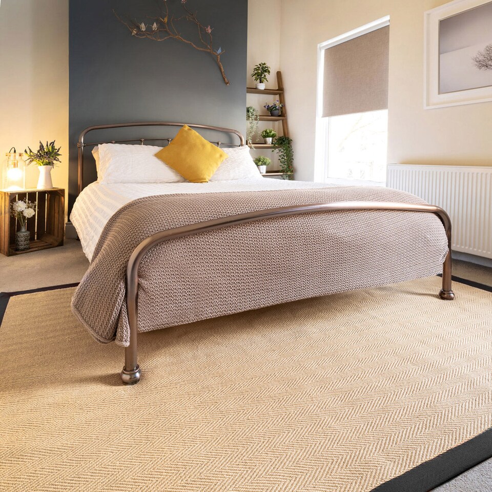 image 1 of KUKOON Natural Golden Beige Jute Micro Woven Herringbone Pattern Cotton Border Area Rug 120cm x 170cm