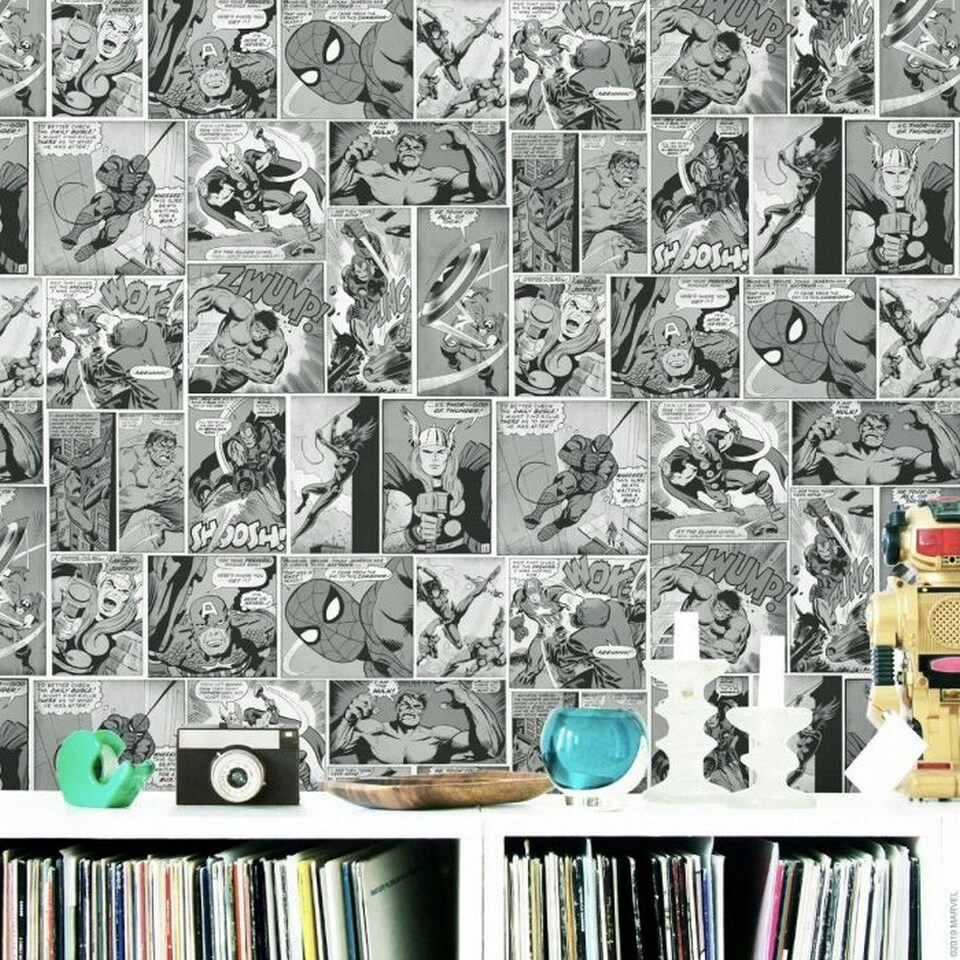 image 1 of Marvel Comic Strip Wallpaper - Black/White - 10m x 53cm Black