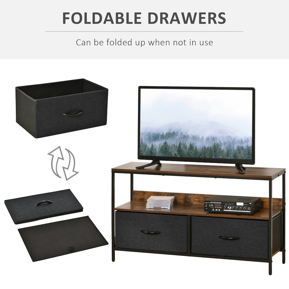 image 1 of HOMCOM TV Cabinet, TV Console Unit with 2 Foldable Linen Drawers Rustic Brown
