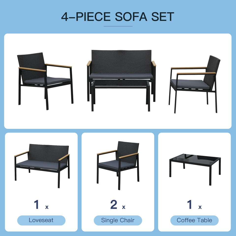 image 1 of Outsunny 4-Piece Cushioned Outdoor Rattan Wicker Chair and Loveseat Furniture