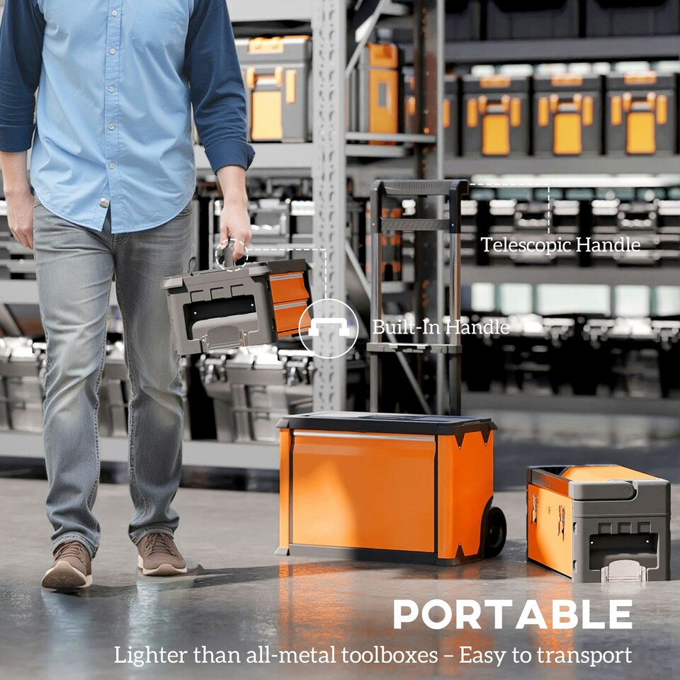 image 1 of HOMCOM 3-Tier Tool Box with Wheels, Stackable Steel Toolbox | Orange