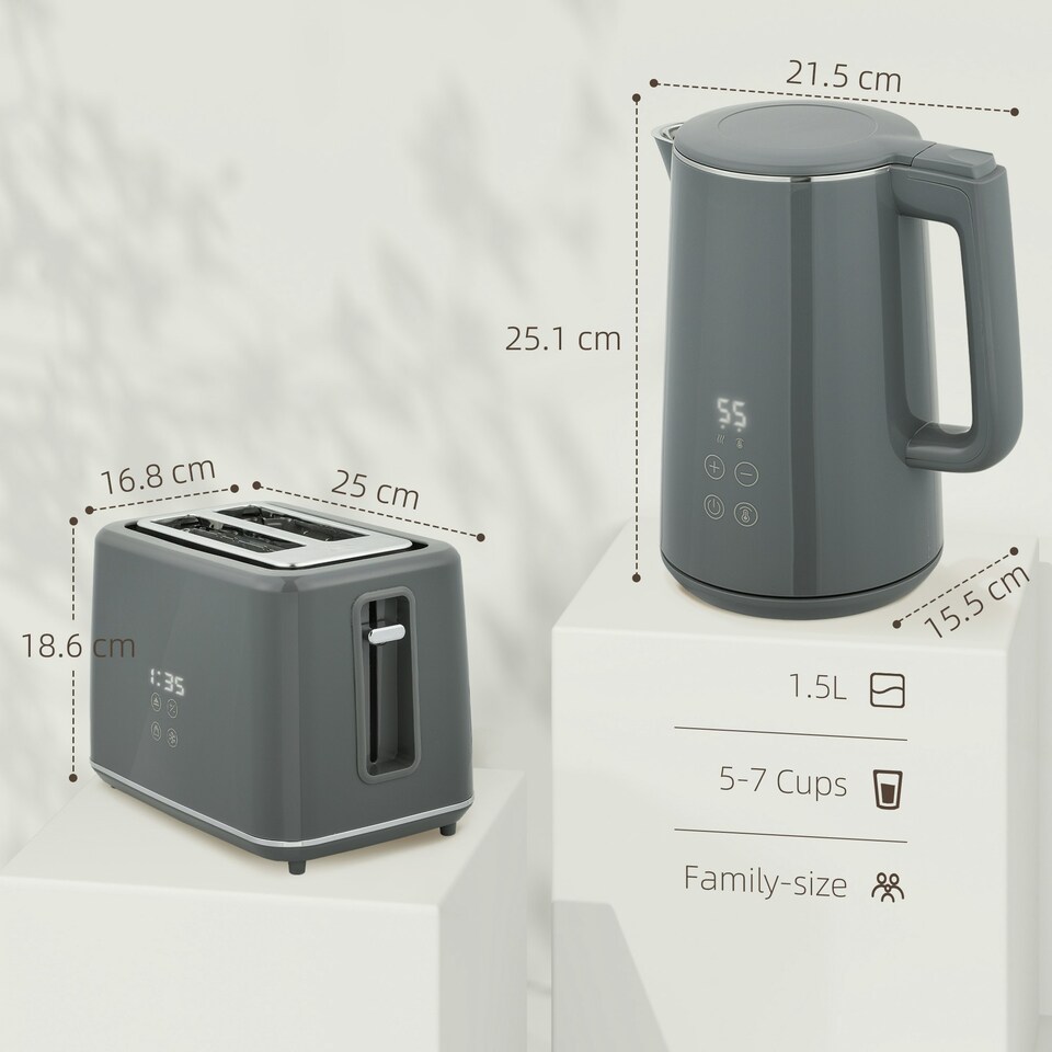 image 1 of HOMCOM 1.5L 3000W Fast Boil Electric Kettle and 2 Slice Toaster Set, Grey