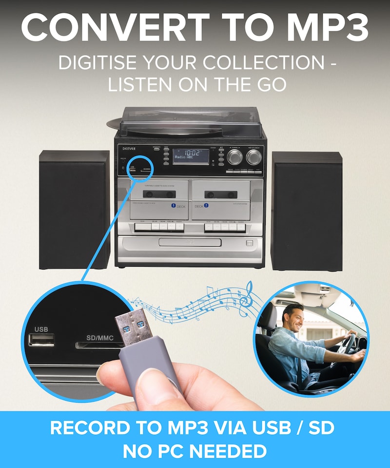 image 1 of Denver DAB/DAB+ Record Player Turntable, Cassette Player, CD Player HiFi with USB Recording & Memory Card Reader - MRD-166