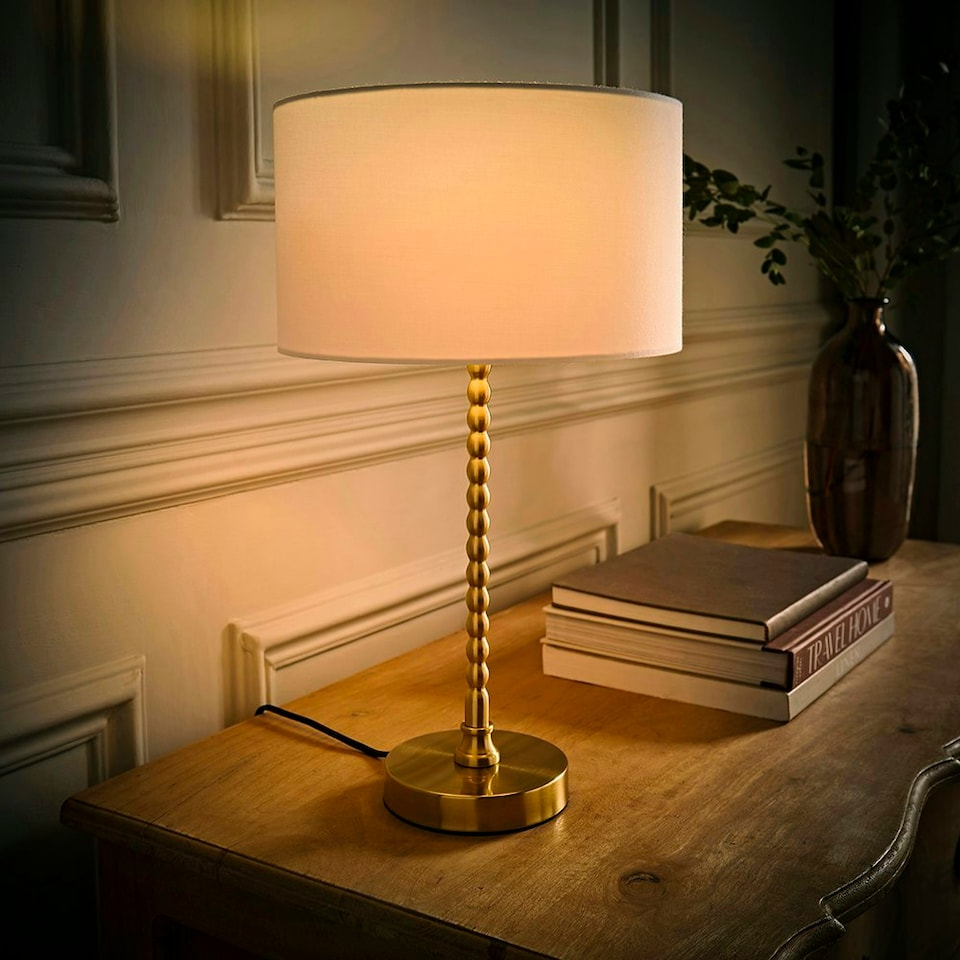image 1 of ValueLights Maeve White Drum Lamp Shade Brushed Gold Bobbin Bobble Table Lamp and LED Bulb Gold